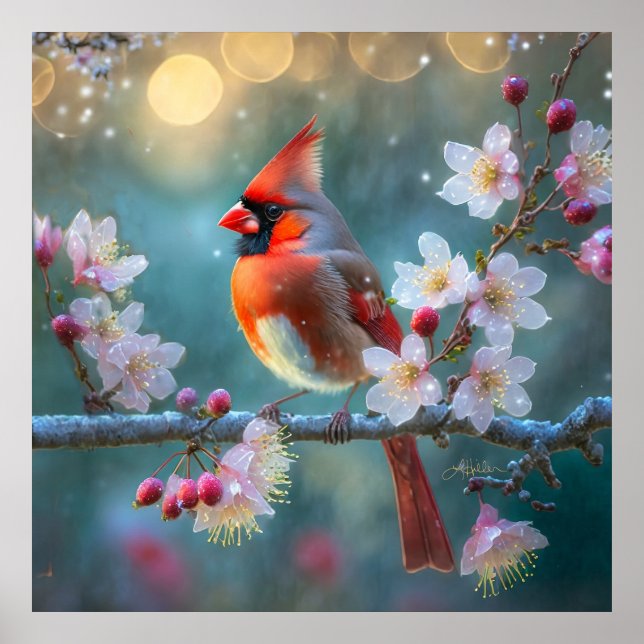 Male Cardinal in the Moonlight Cherry Blossoms Poster (Front)