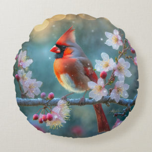 Male Cardinal in the Moonlight Cherry Blossoms Round Cushion