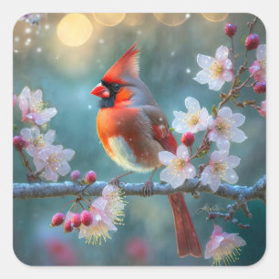 Male Cardinal in the Moonlight Cherry Blossoms Square Sticker