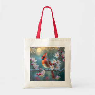 Male Cardinal in the Moonlight Cherry Blossoms Tote Bag