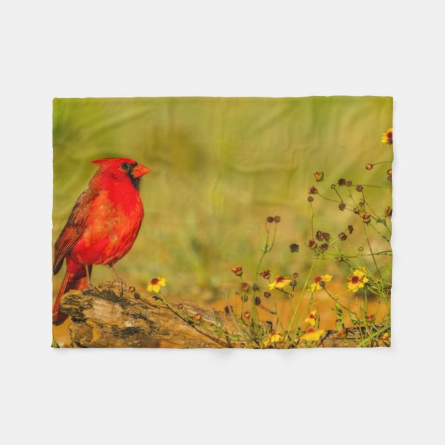 Male Cardinal on Log Fleece Blanket (Front (Horizontal))