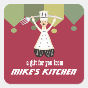 Male chef pantaloons giant fork gift tag label