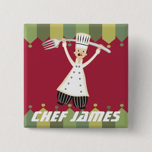 Male chef pantaloons giant fork name badge (Front)