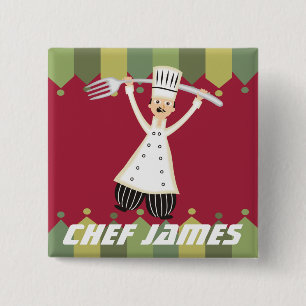 Male chef pantaloons giant fork name badge