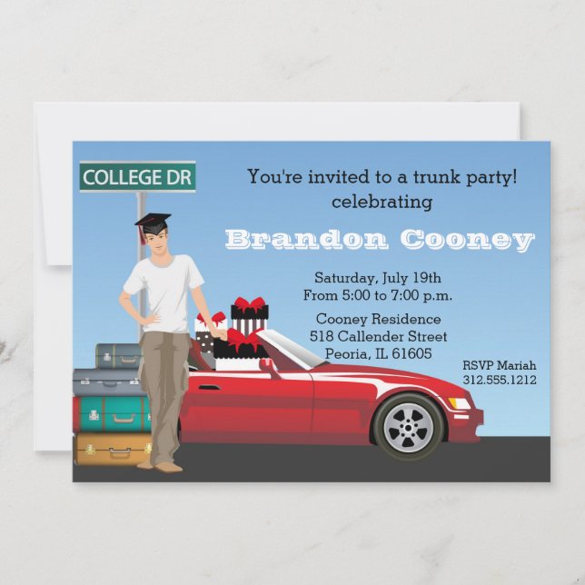 Male College Trunk Party Graduation Going Away Invitation (Front)
