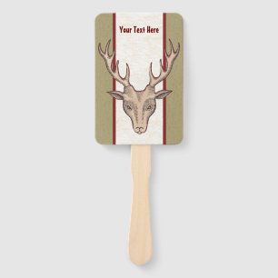 Male Deer Head Big Antlers Tan White Red Striped Hand Fan