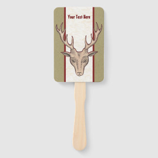 Male Deer Head Big Antlers Tan White Red Striped Hand Fan