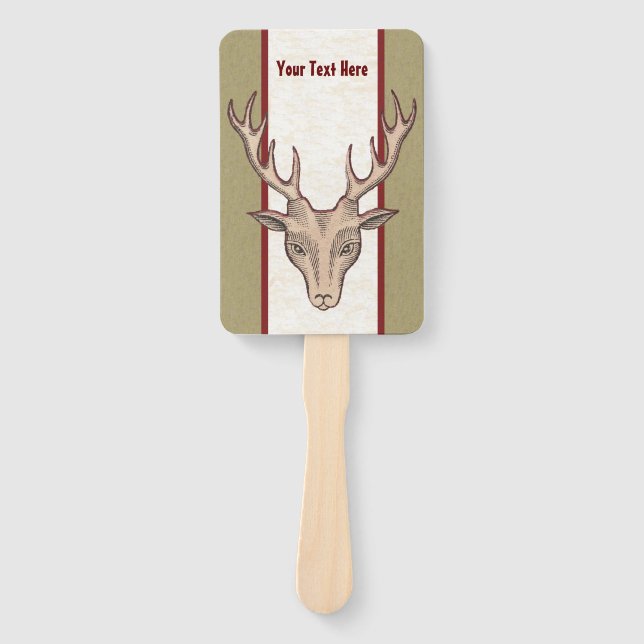 Male Deer Head Big Antlers Tan White Red Striped Hand Fan (Front)