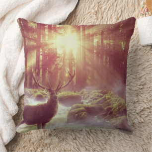 Male Deer in Misty Woods at Sunrise Golden Hour Cushion