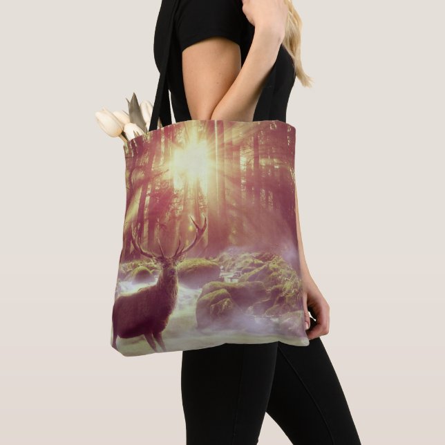 Male Deer in Misty Woods at Sunrise Golden Hour Tote Bag (Close Up)