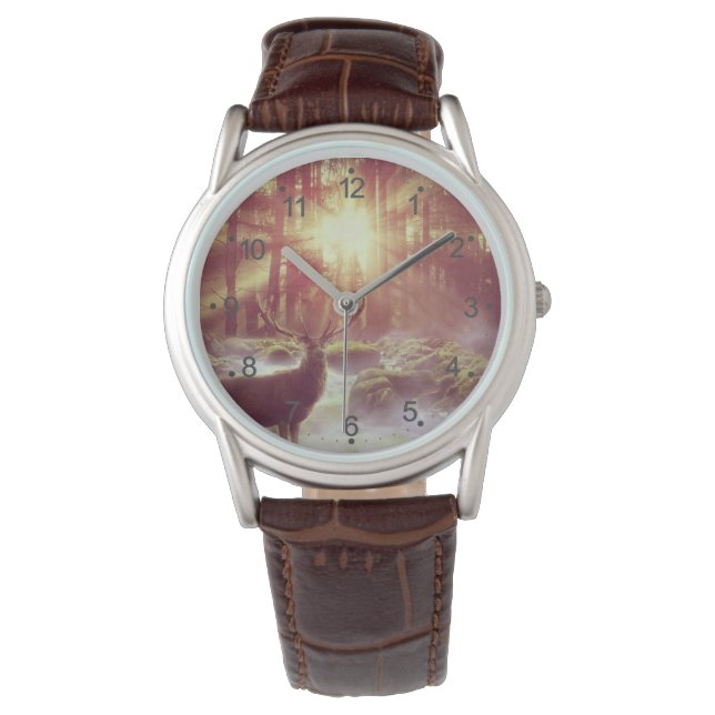 Male Deer in Misty Woods at Sunrise Golden Hour Watch (Front)