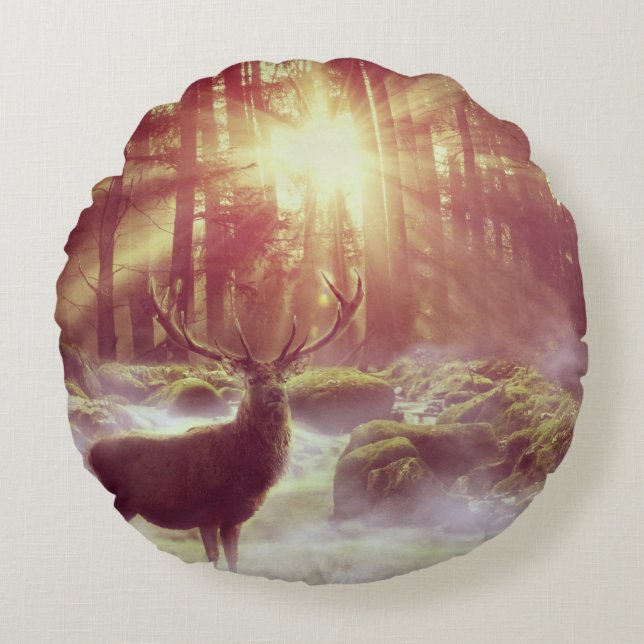 Male Deer in Misty Woods at Sunrise Round Cushion (Front)