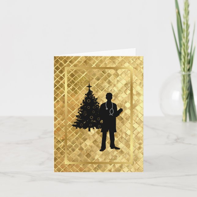Male Doctor Silhouette Golden Christmas Card (Front)