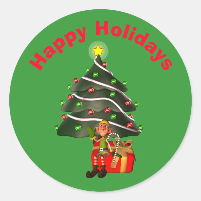 Male Elf Christmas Tree Holiday  Classic Round Sticker (Front)