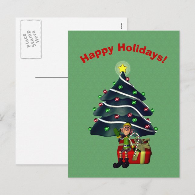 Male Elf Christmas Tree Holiday Postcard (Front/Back)