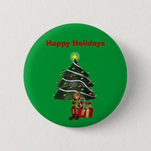 Male Elf Tree Present Christmas Holiday Button Pin