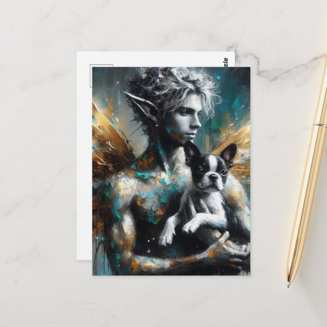 Male Fairy With Boston Terrier Puppy Postcard (Front/Back In Situ)