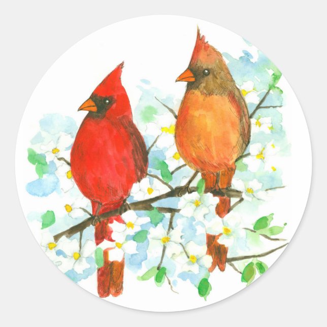 Male Female Cardinal Birds Dogwood Tree Classic Round Sticker (Front)