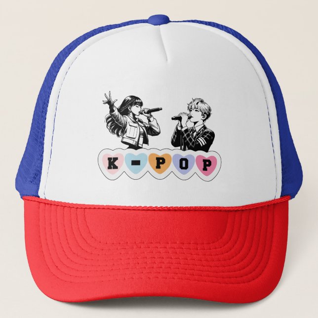 Male Female Idols Singing KPop Hearts Music Design Trucker Hat (Front)
