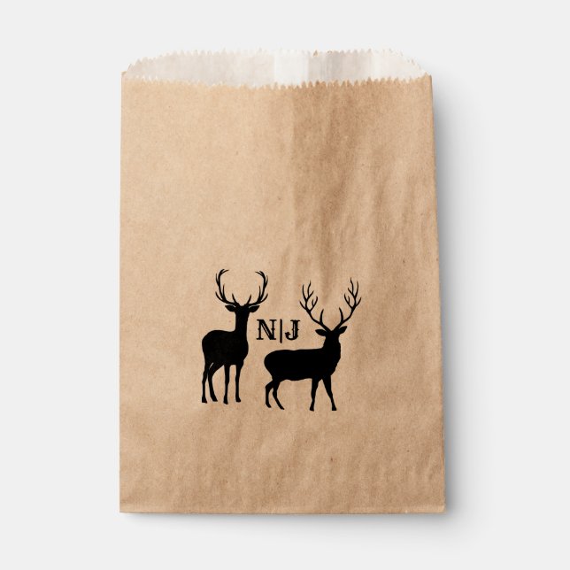 Male Female Rustic Deer Wedding Personalised Favou Favour Bags (Front)