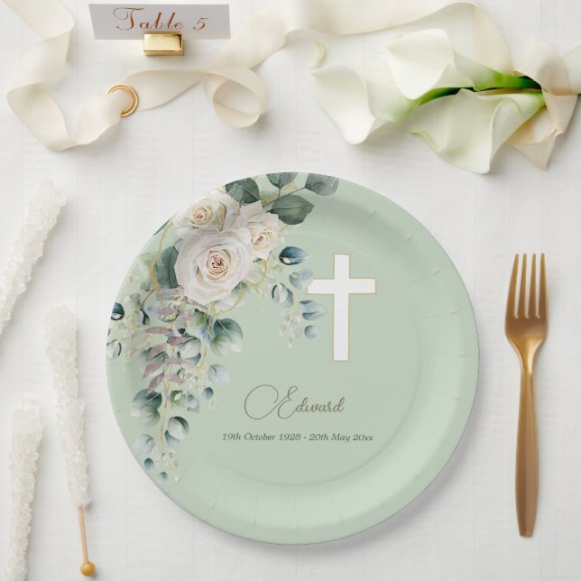 Male Funeral Christian Photo Elegant Rose  Paper Plate (Wedding)
