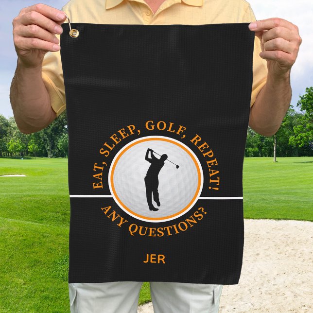 Male Golfer Pro Golf Ball Quote Black Orange       Golf Towel (Creator Uploaded)