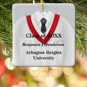 Male Grad Gown White and Red Ornament