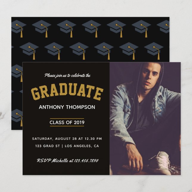 Male Graduation celebration party add photo Invitation (Front/Back)