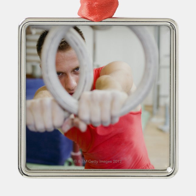 Male gymnast on rings metal tree decoration (Front)