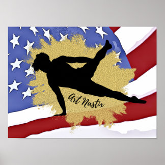 Male Gymnast Silhouette Art - American Flag  Poster