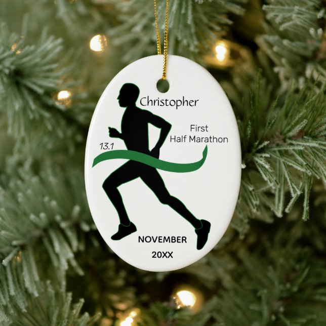 Male Half Marathon Runner Green Ribbon Ornament (Tree)