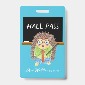 Male Hedgehog Teacher Blue Hall Pass Badge ID Badge