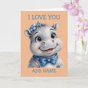 Male Hippo: Baby Animal Pastel Bow Love Card