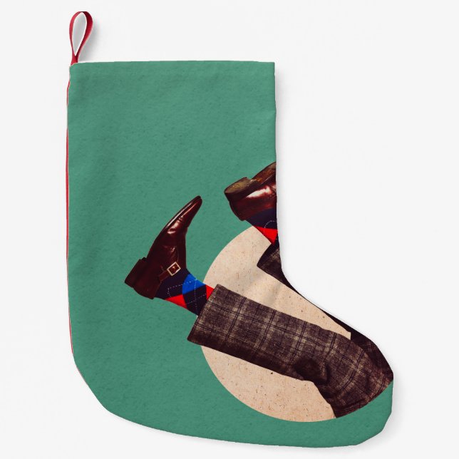 Male legs stacking in round on pastel geometrical  small christmas stocking (Front)