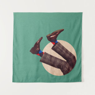 Male legs stacking in round on pastel geometrical tapestry