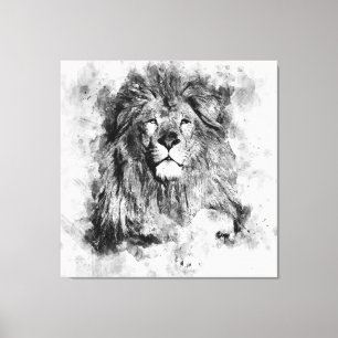 Male Lion Black and White Watercolor Portrait Canvas Print