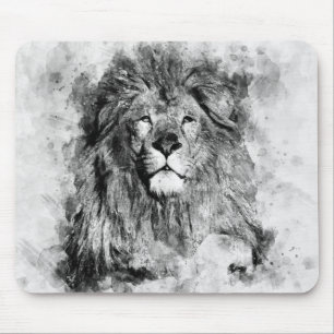 Male Lion Black and White Watercolor Portrait Mouse Mat