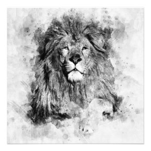 Male Lion Black and White Watercolor Portrait Photo Print