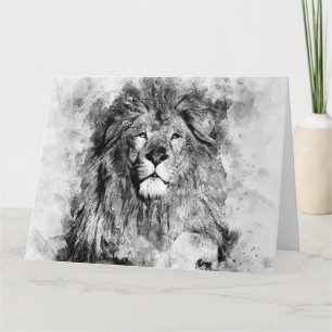 Male Lion Black and White Watercolor Portrait Thank You Card