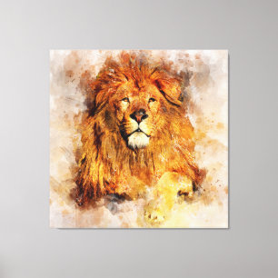 Male Lion With Large Mane Watercolor Portrait Canvas Print