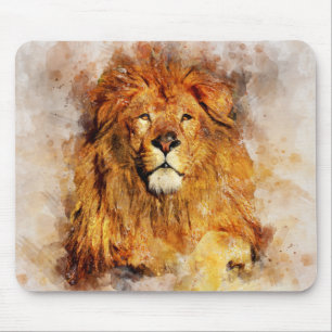 Male Lion With Large Mane Watercolor Portrait Mouse Mat