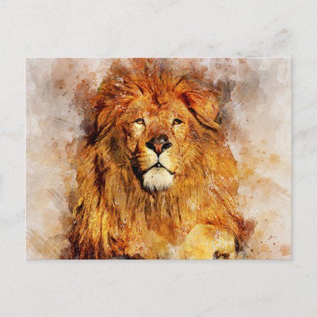 Male Lion With Large Mane Watercolor Portrait Postcard (Front)