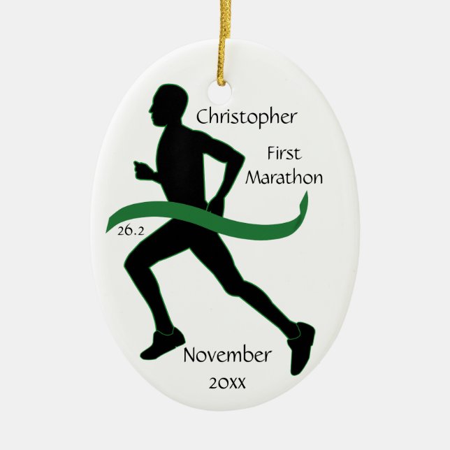 Male Marathon Runner Green Ribbon Ornament (Front)