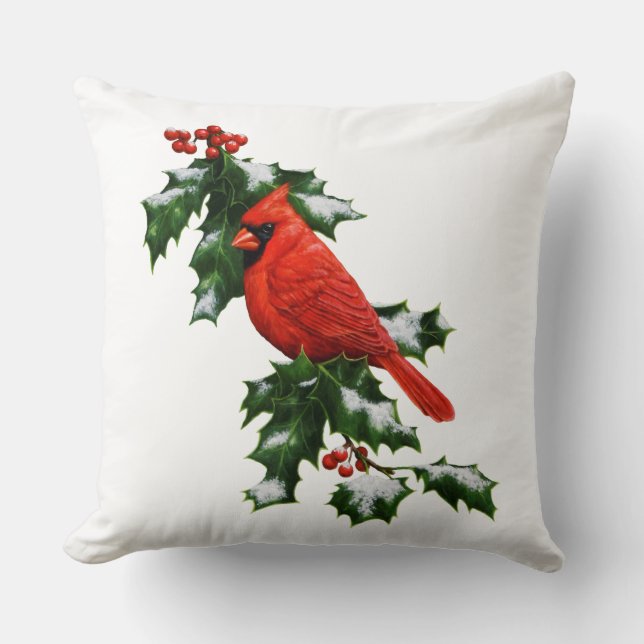 Male Northern Cardinal and Holly Cushion (Front)