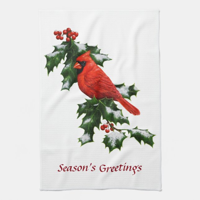 Male Northern Cardinal and Holly Tea Towel (Vertical)
