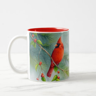 Male Northern Cardinal Bird Watercolor Art Two-Tone Coffee Mug