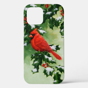 Male Northern Red Cardinal Bird & Holly Branch iPhone 12 Case