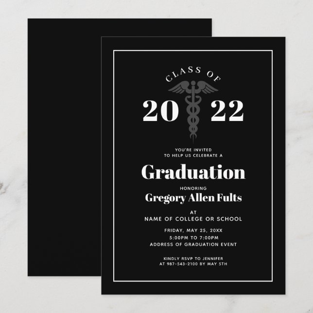 Male Nurse Graduation Black and White Medical Invitation (Front/Back)
