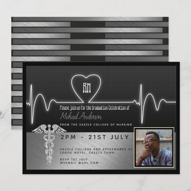 Male Nurse Graduation Invitation - PHOTO Silver Bl (Front/Back)