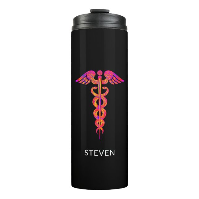 Male Nurse Medical Caduceus Colourful Black Name Thermal Tumbler (Front)